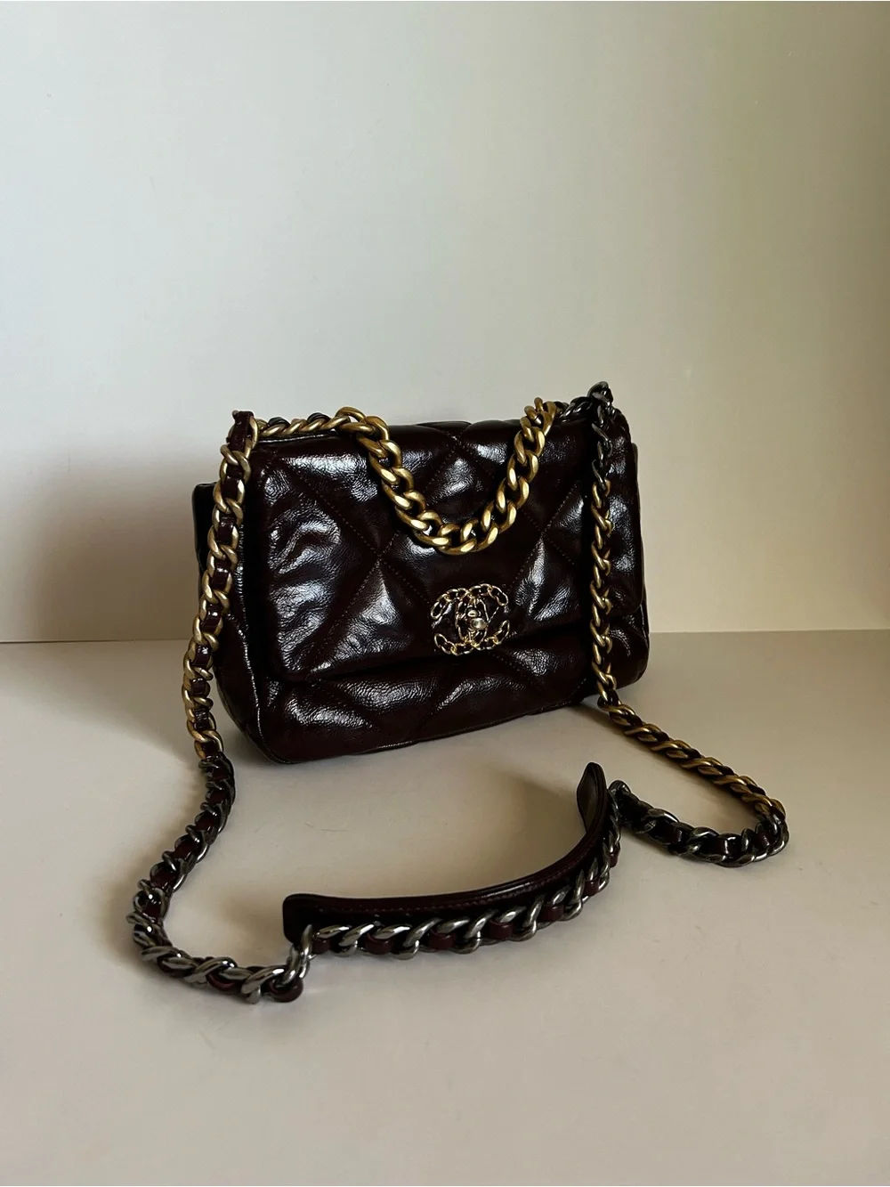 CHANEL Brown Quilted Leather Crossbody with Mixed Gold-Silver Chain